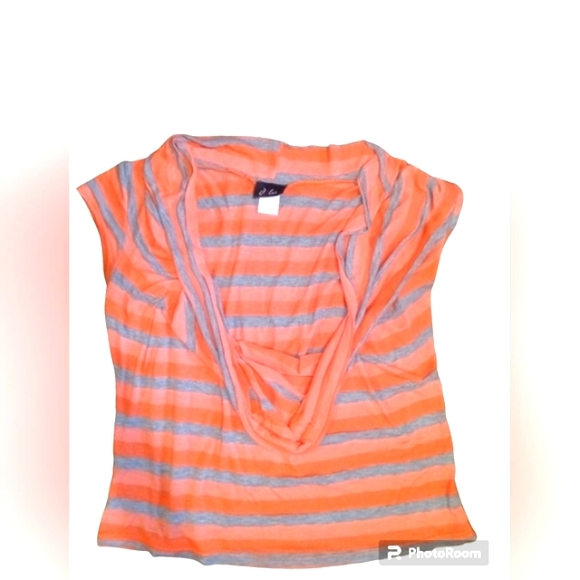 Dots Bright Neon Coral/Orange, Peach, & Grey Striped Short Sleeve Top - Picture 1 of 1